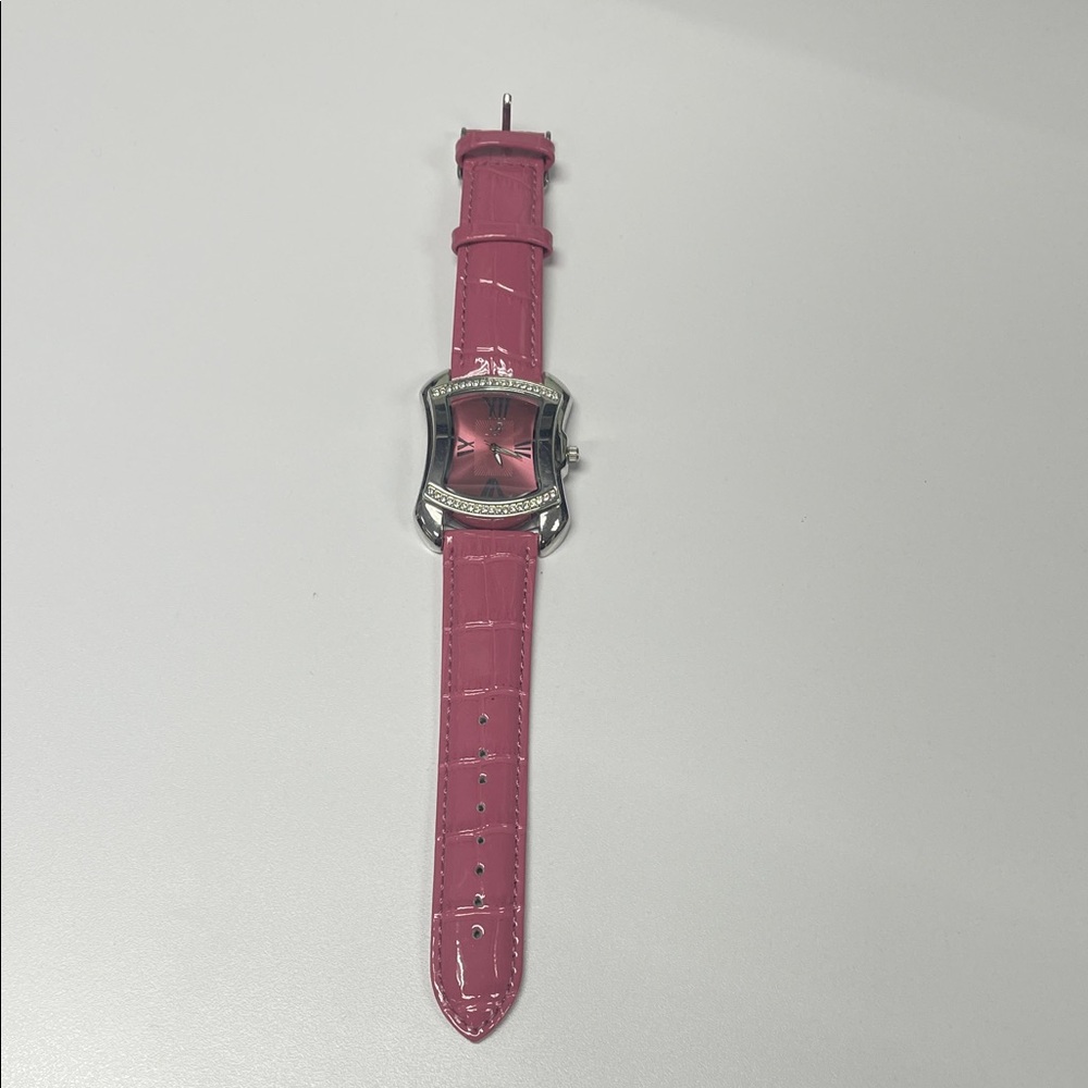 Burgi BTV011 Rhinestone SS Watch Pink Crocodile-Embossed Leather Strap